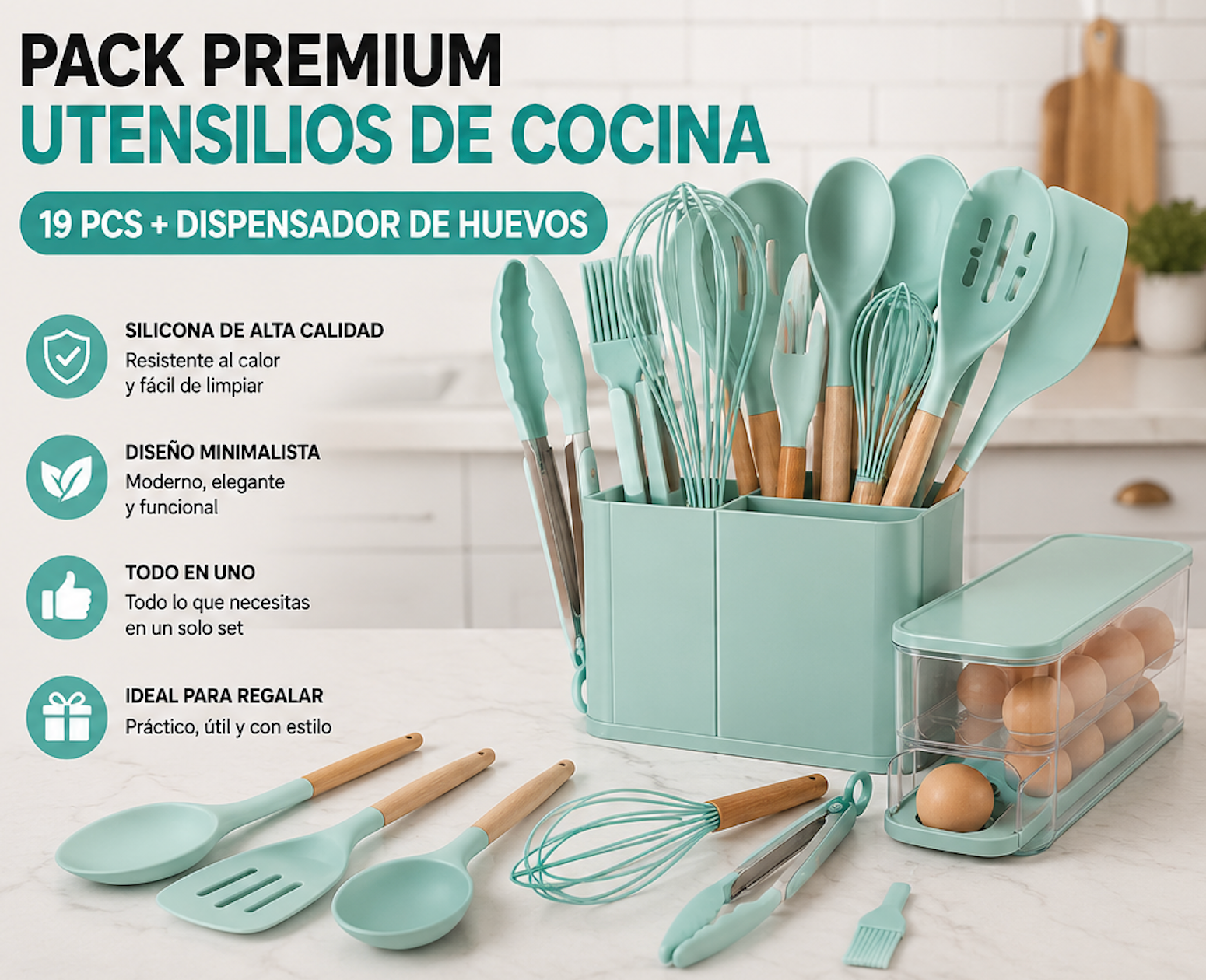 Pack Utensilios de Cocina 19 Piezas + Dispensador de Huevos