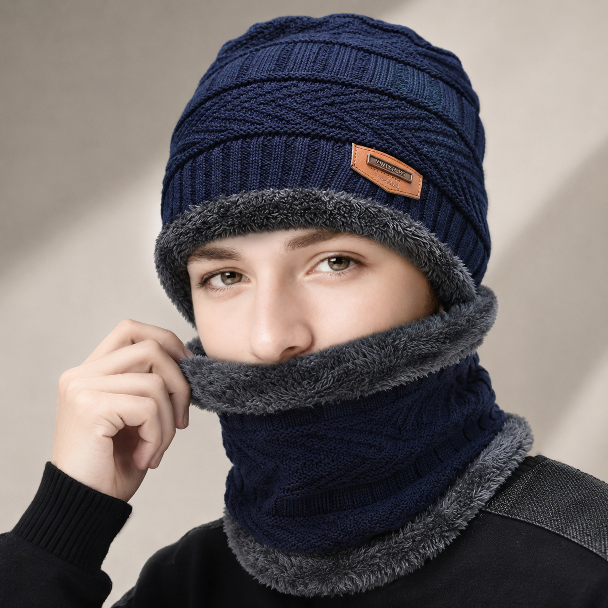 Gorro de Invierno con Bufanda Integrada y Forro Interior Afelpado