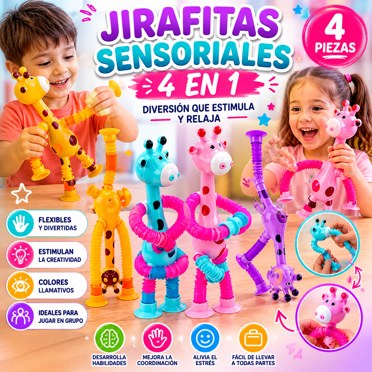 Jirafitas Sensoriales Antiestrés 4 en 1 – Pack de 4 Unidades