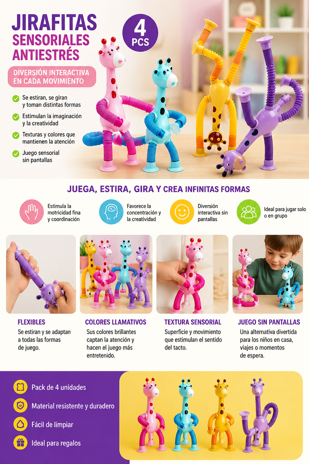 Jirafitas Sensoriales Antiestrés 4 en 1 – Pack de 4 Unidades