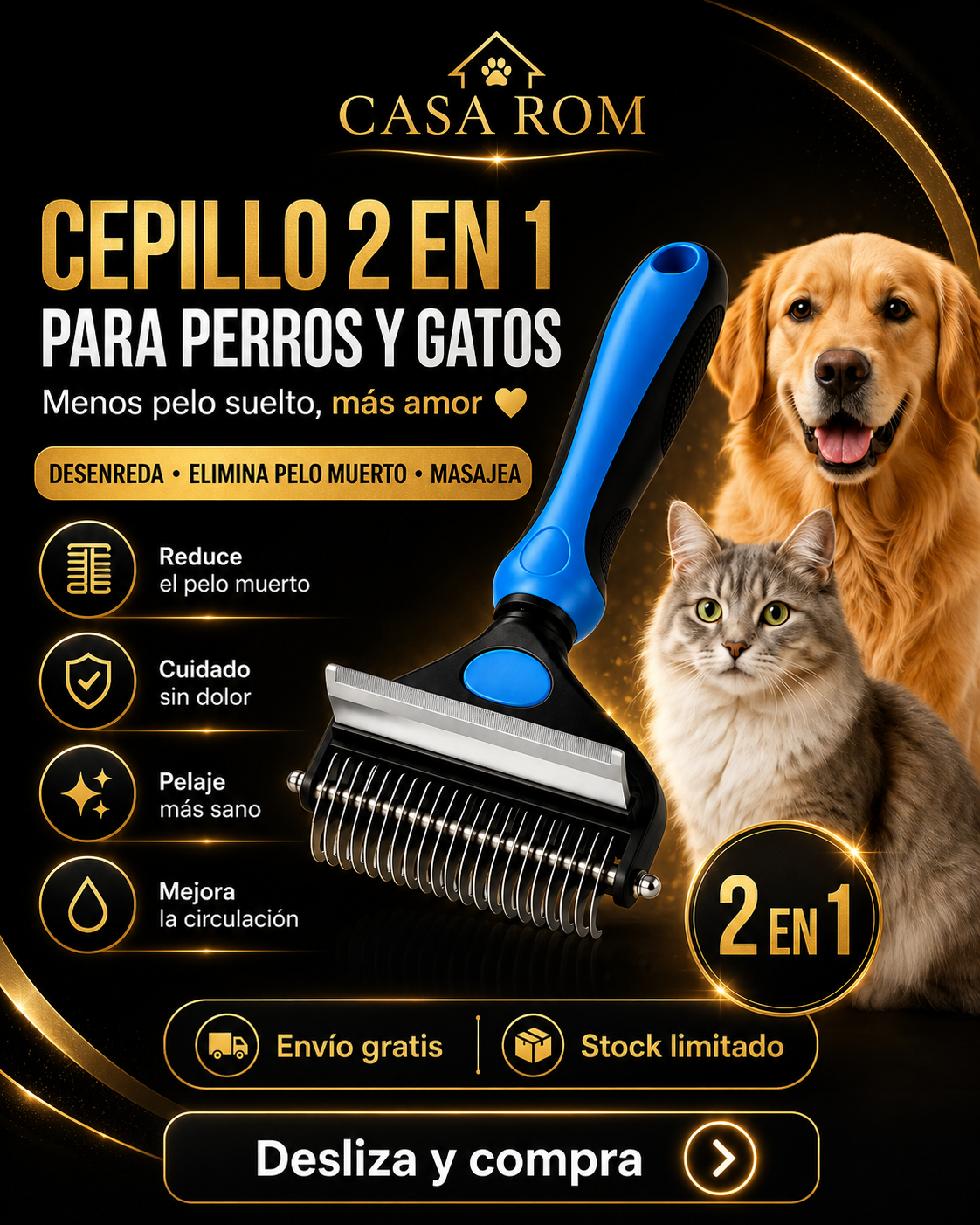 Cepillo Deslanador 2 en 1 para Perros y Gatos