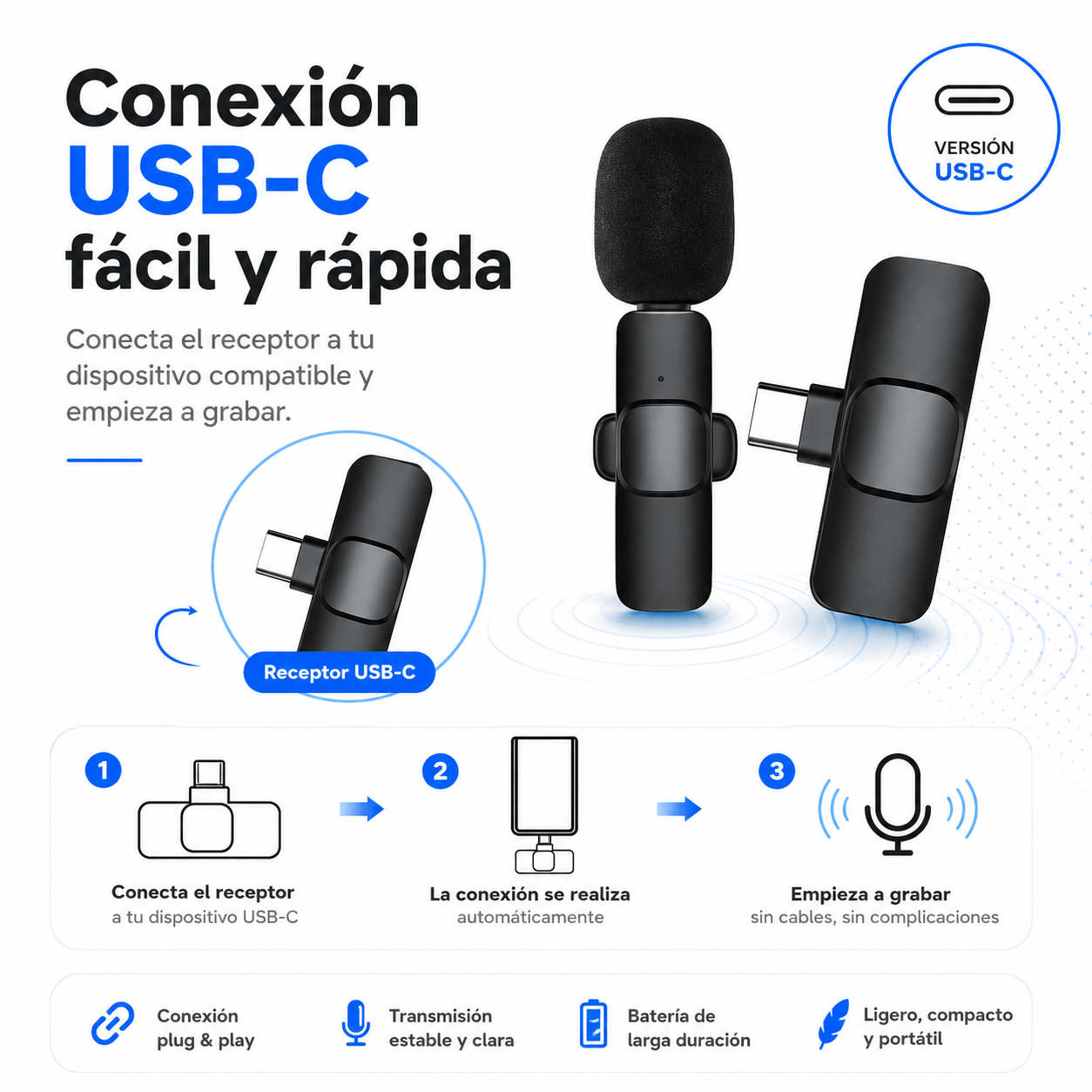 Micrófono Inalámbrico de Solapa Tipo C