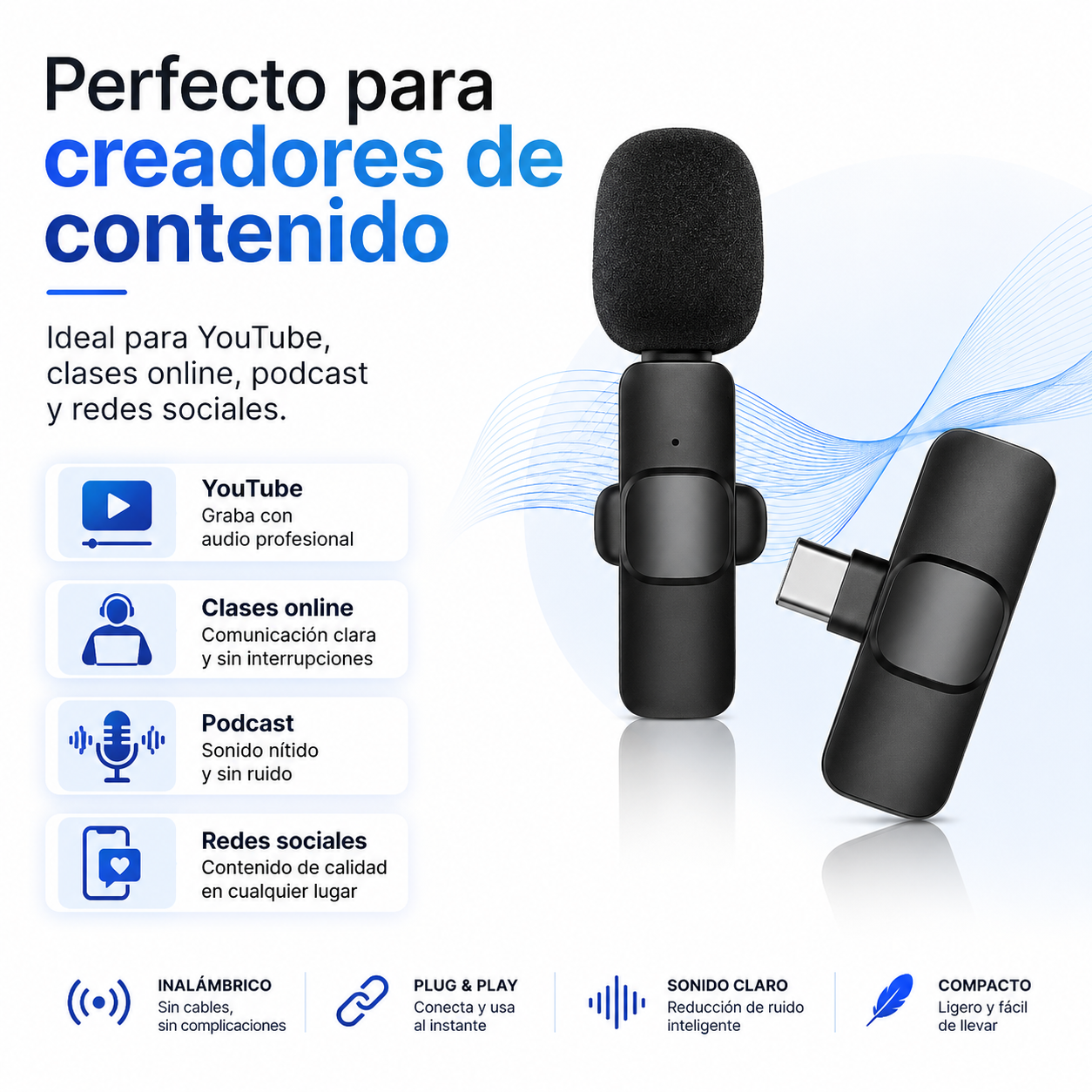 Micrófono Inalámbrico de Solapa Tipo C