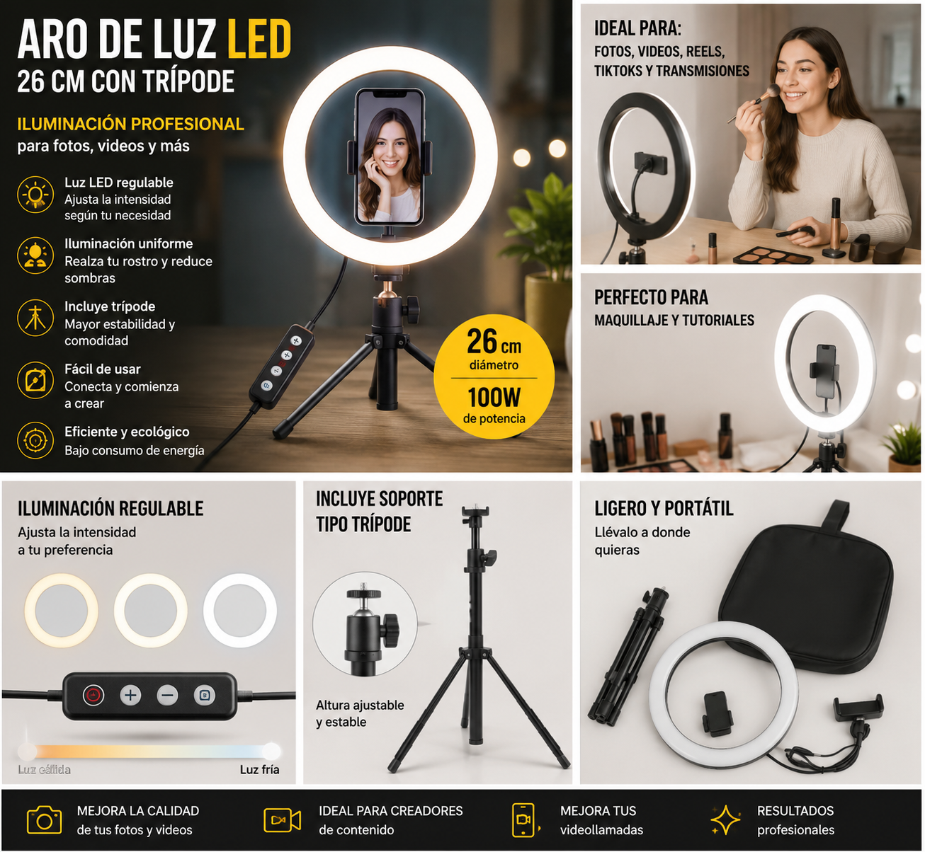 Aro de Luz LED 26 cm con Trípode