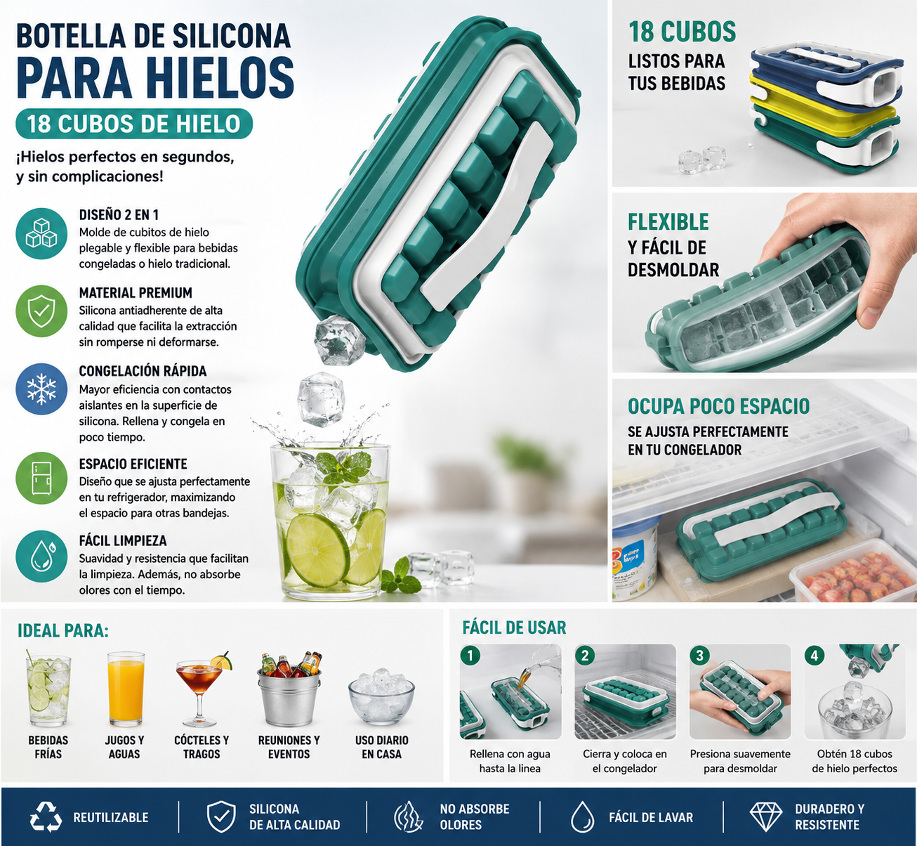 Botella Molde de Silicona para Hielos | 18 Cubos