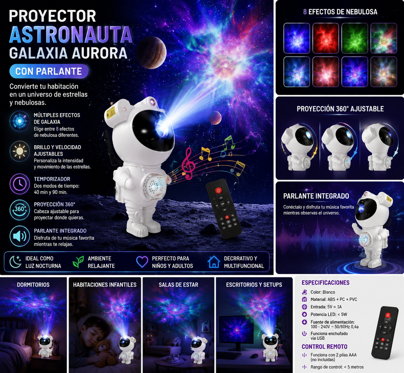 Proyector Astronauta Galaxia Aurora con Parlante