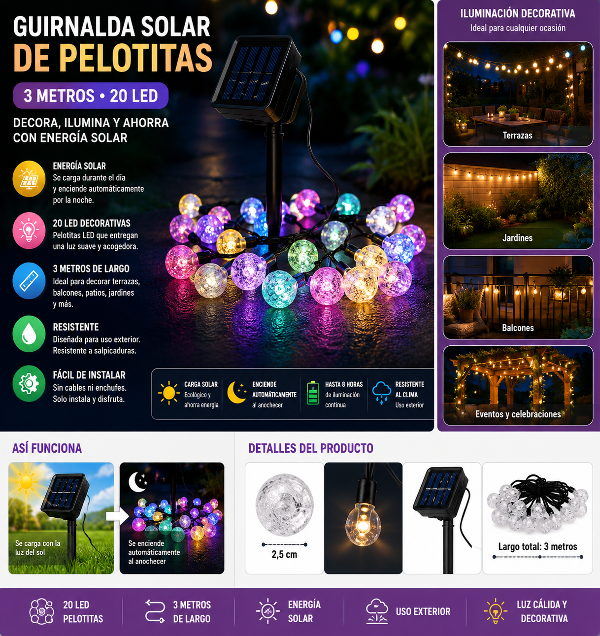 Guirnalda Solar de Pelotitas 3 m | 20 LED