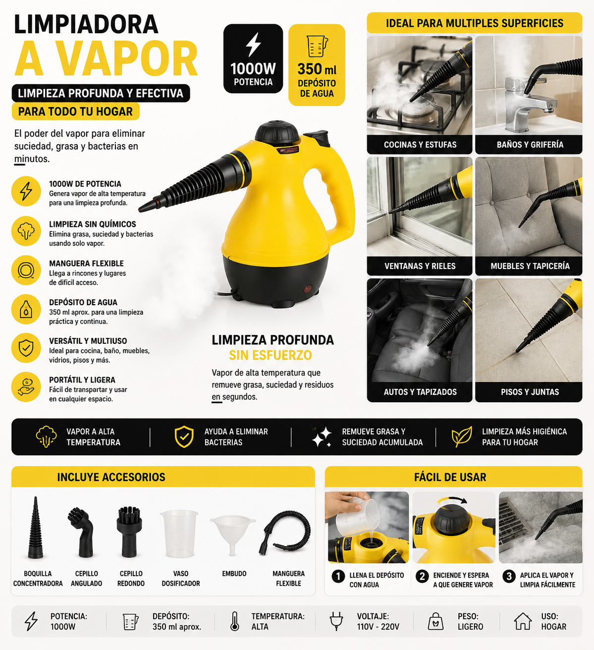 Limpiadora a Vapor Portátil 1000W