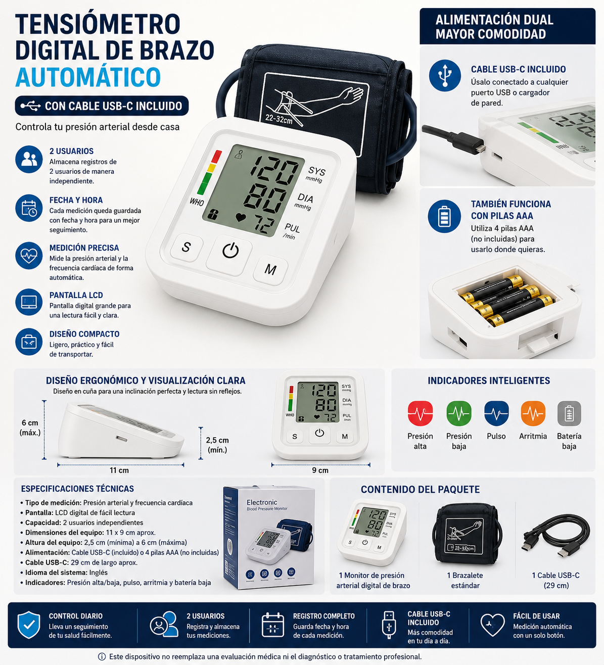 Tensiómetro Digital de Brazo Automático USB-C