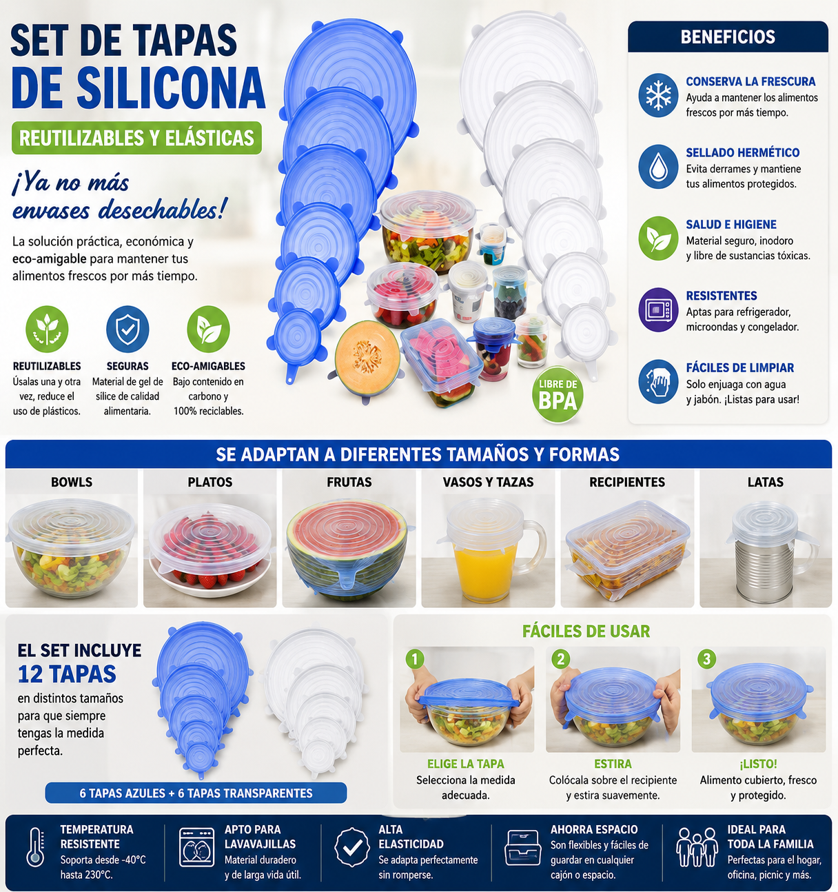 Set de Tapas de Silicona Reutilizables