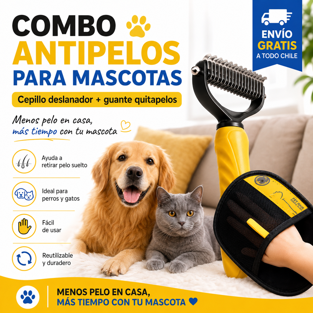 Combo Antipelos para Mascotas: Cepillo Deslanador + Guante Quitapelos