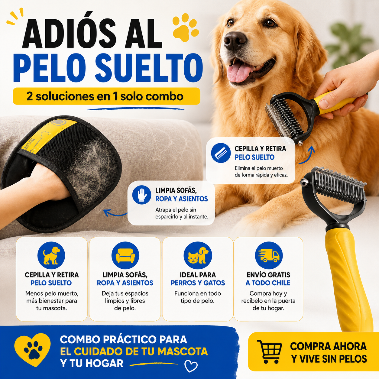 Combo Antipelos para Mascotas: Cepillo Deslanador + Guante Quitapelos