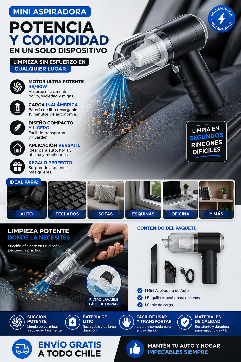 Mini Aspiradora Portátil Inalámbrica para Auto y Hogar – Recargable USB