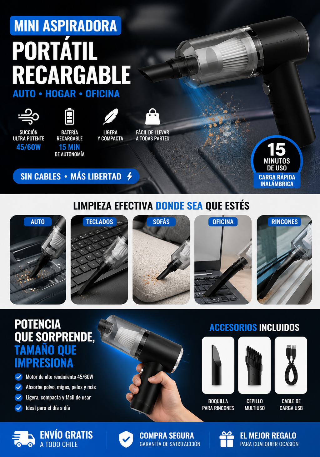 Mini Aspiradora Portátil Inalámbrica para Auto y Hogar – Recargable USB