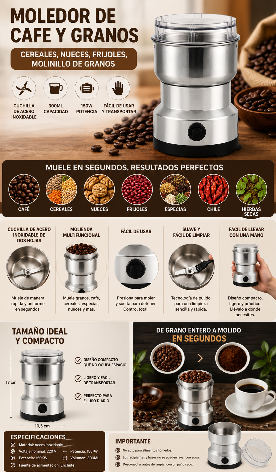 Moledor Eléctrico de Café y Granos