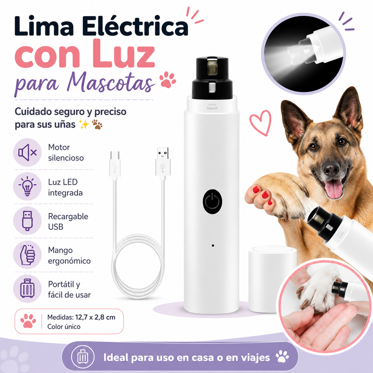 Lima Eléctrica con Luz LED para Mascotas – Silenciosa y Recargable USB