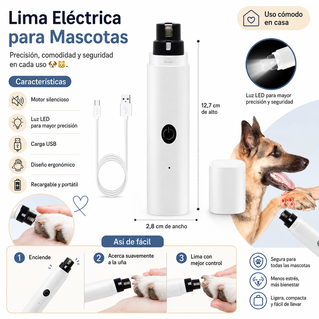 Lima Eléctrica con Luz LED para Mascotas – Silenciosa y Recargable USB