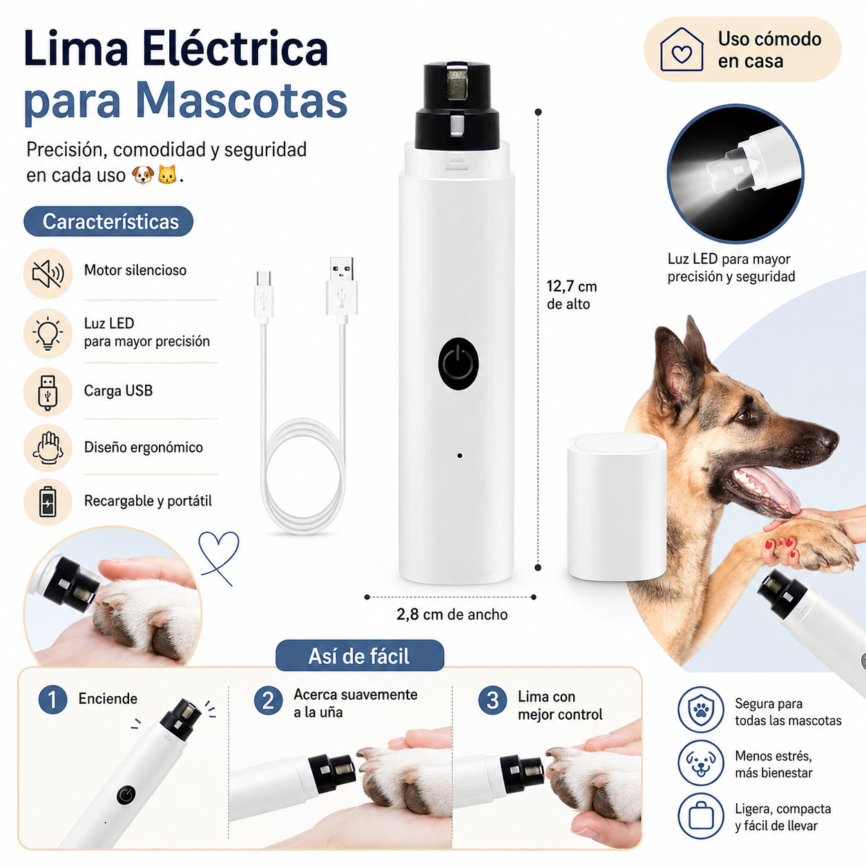 Lima Eléctrica con Luz LED para Mascotas – Silenciosa y Recargable USB