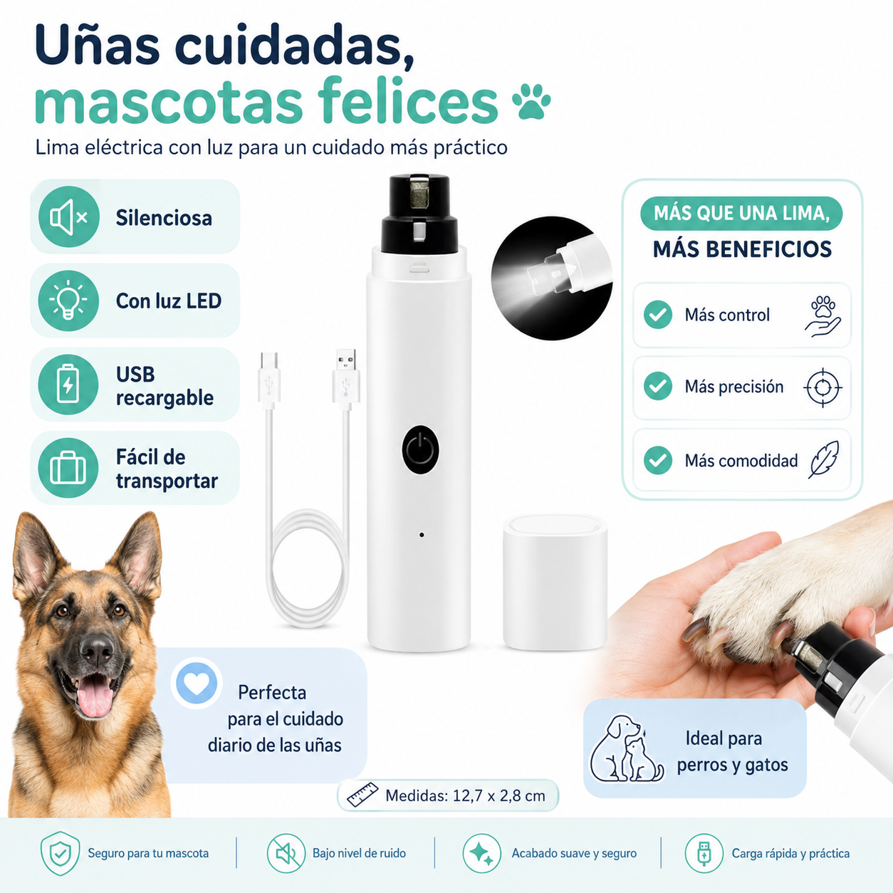 Lima Eléctrica con Luz LED para Mascotas – Silenciosa y Recargable USB