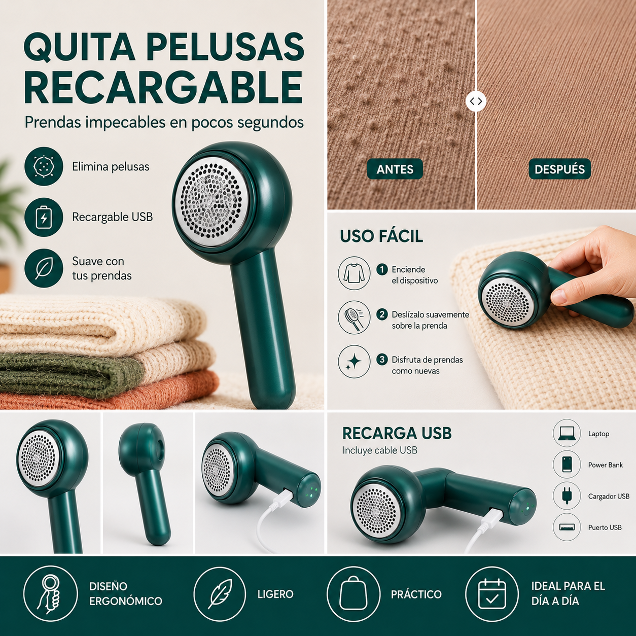 Quita Pelusas Recargable para Ropa, Sweaters y Telas